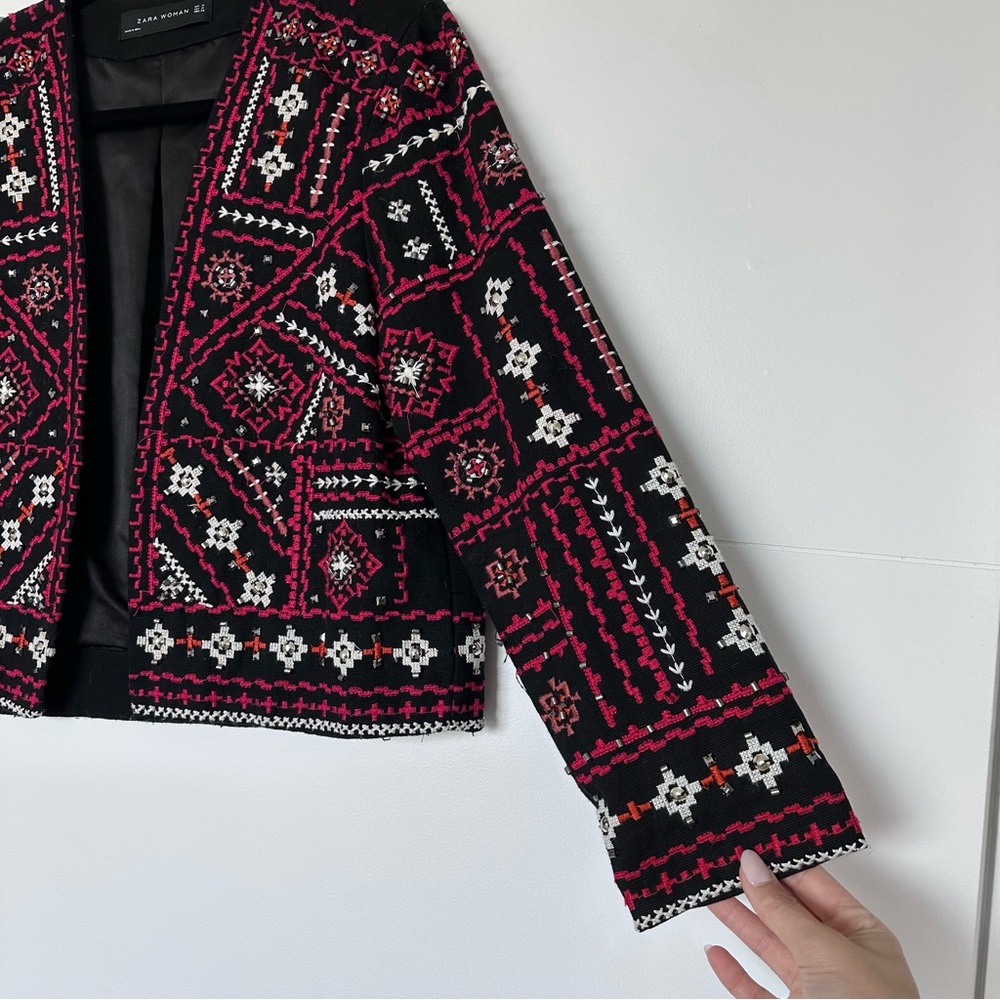 ZARA Ethnic Boho Embroidered Jacket Red Black Beaded Embellished Medium - Picture 5 of 16